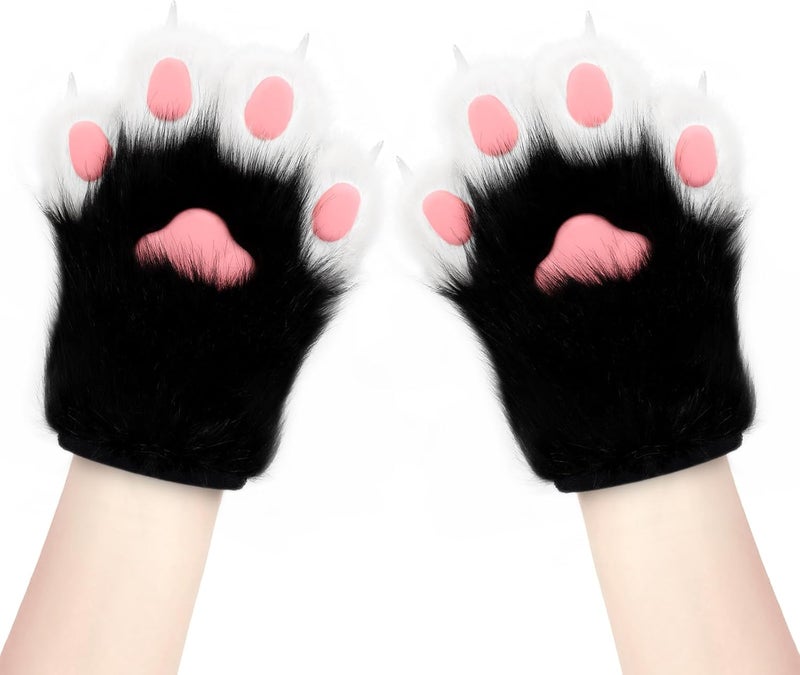 hbbhml Faux Fur Plush Furry Cat Claw Gloves Fursuit Animal Fox Paws Mittens Halloween Cosplay Costume Accessories for Adult - Image 2